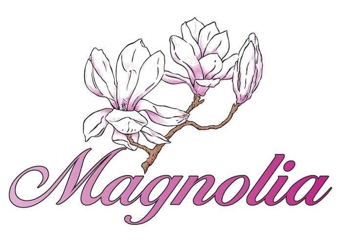 Magnolia nossebro logo i rosa med rosa blommor