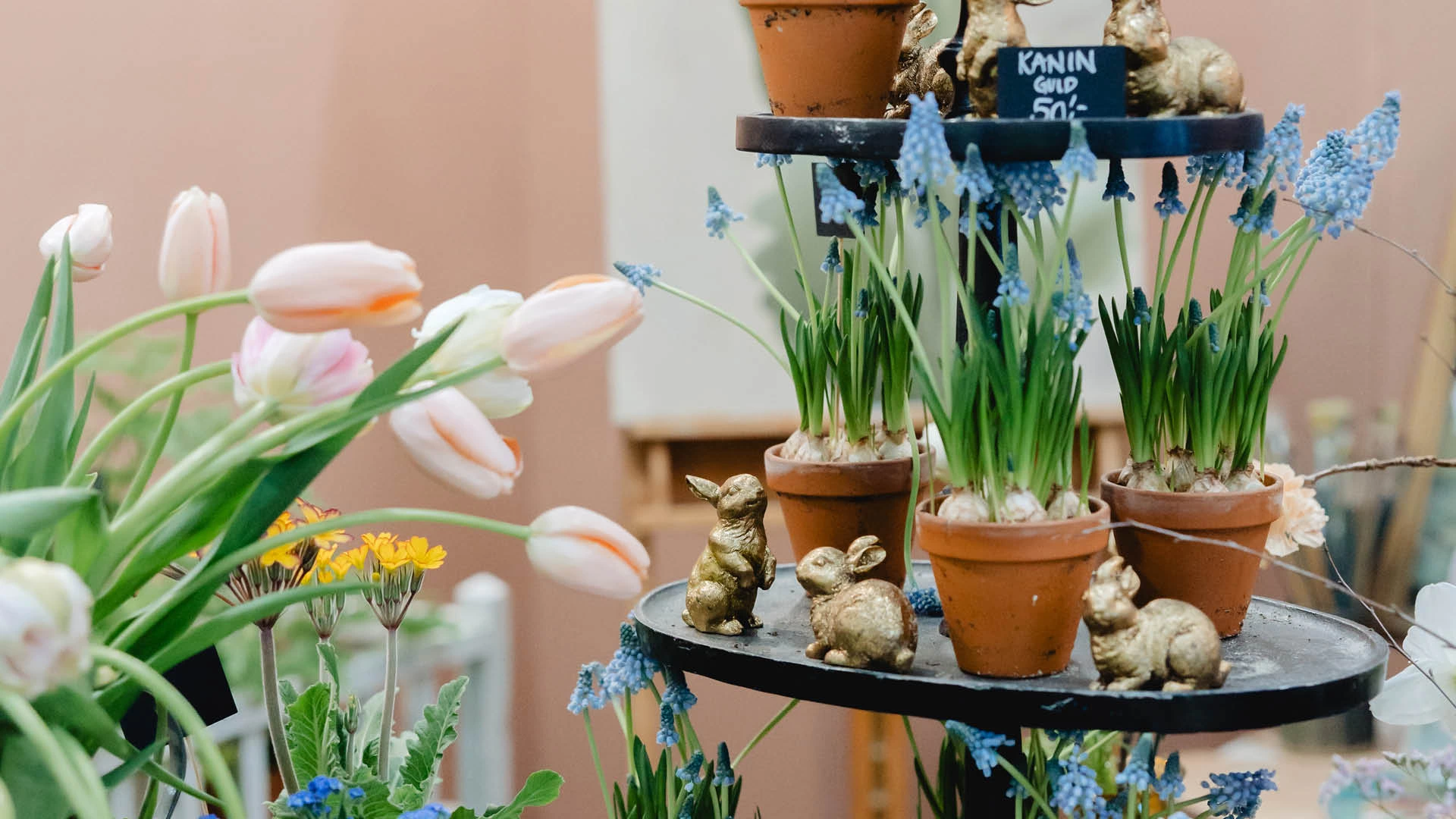 webb bilder 2025NT- webb16 Små krukor med pärlhyacinter och dekorativa kaninfigurer på hylla.