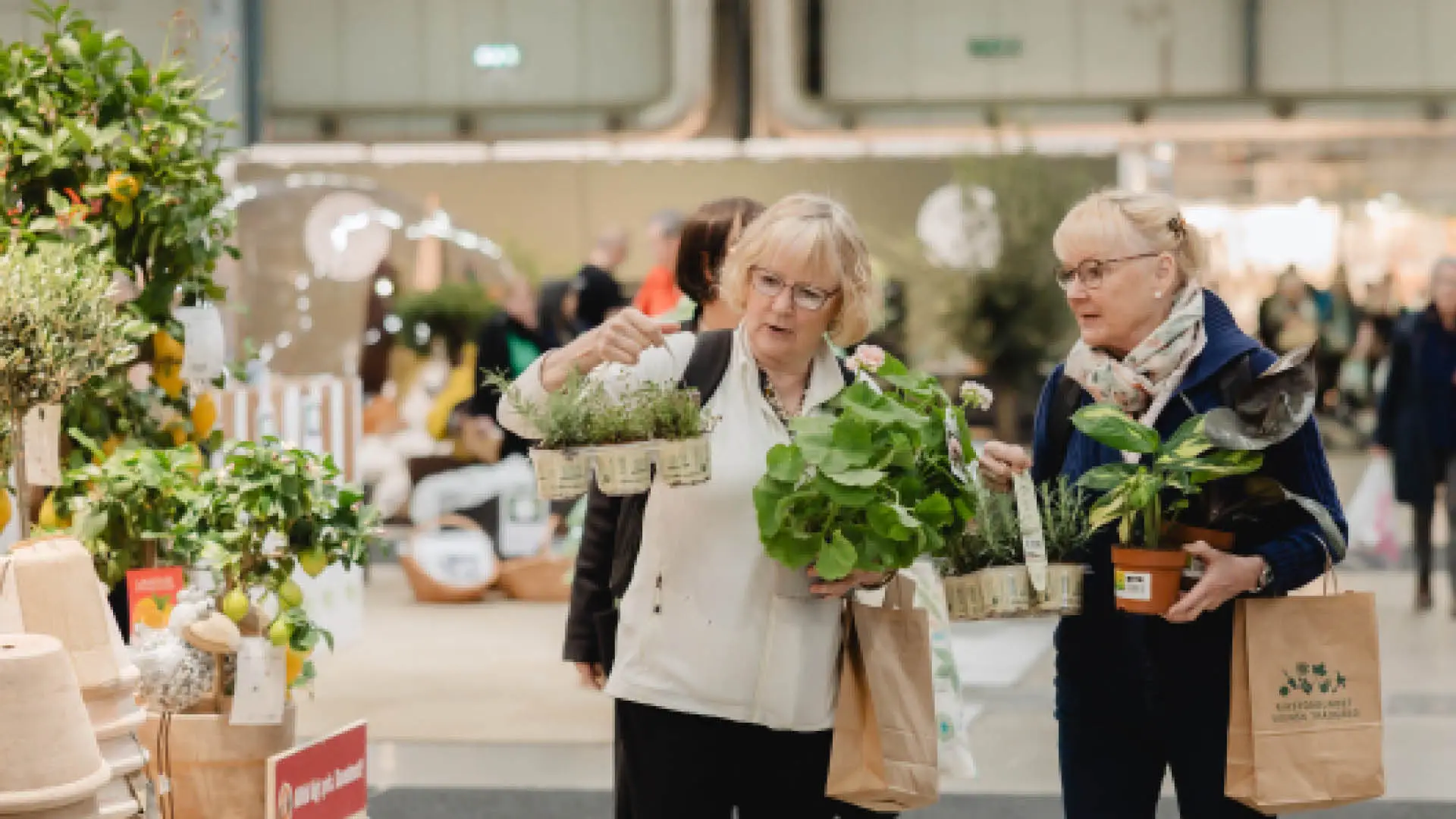 webb bilder 2025NT- webb8 Två besökare bär krukväxter och handlar på trädgårdsmässa.