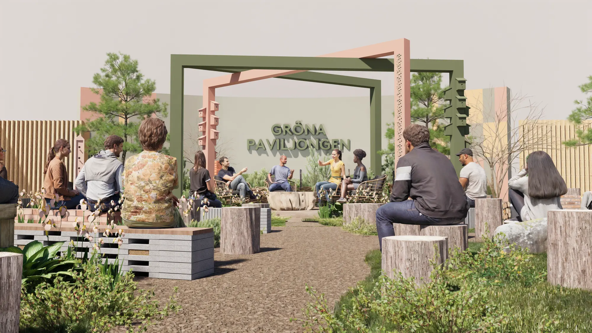 Bild (1) skissbild som visar den gröna paviljongen, människor som sitter på stubbar med en gång i mitten